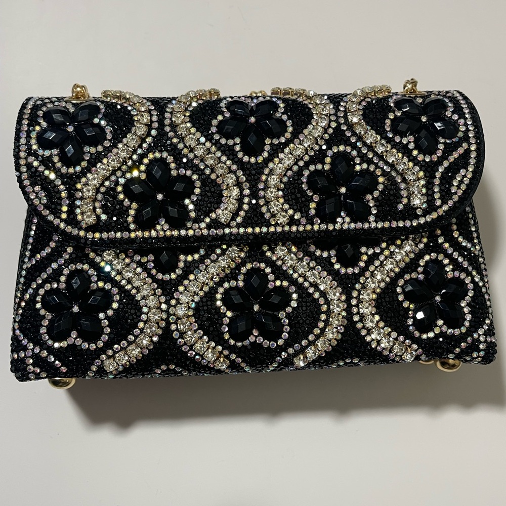 Bedazzled Black Leather, Rhinestones Swarovski Crystal Handbag Clutch Gold Chain